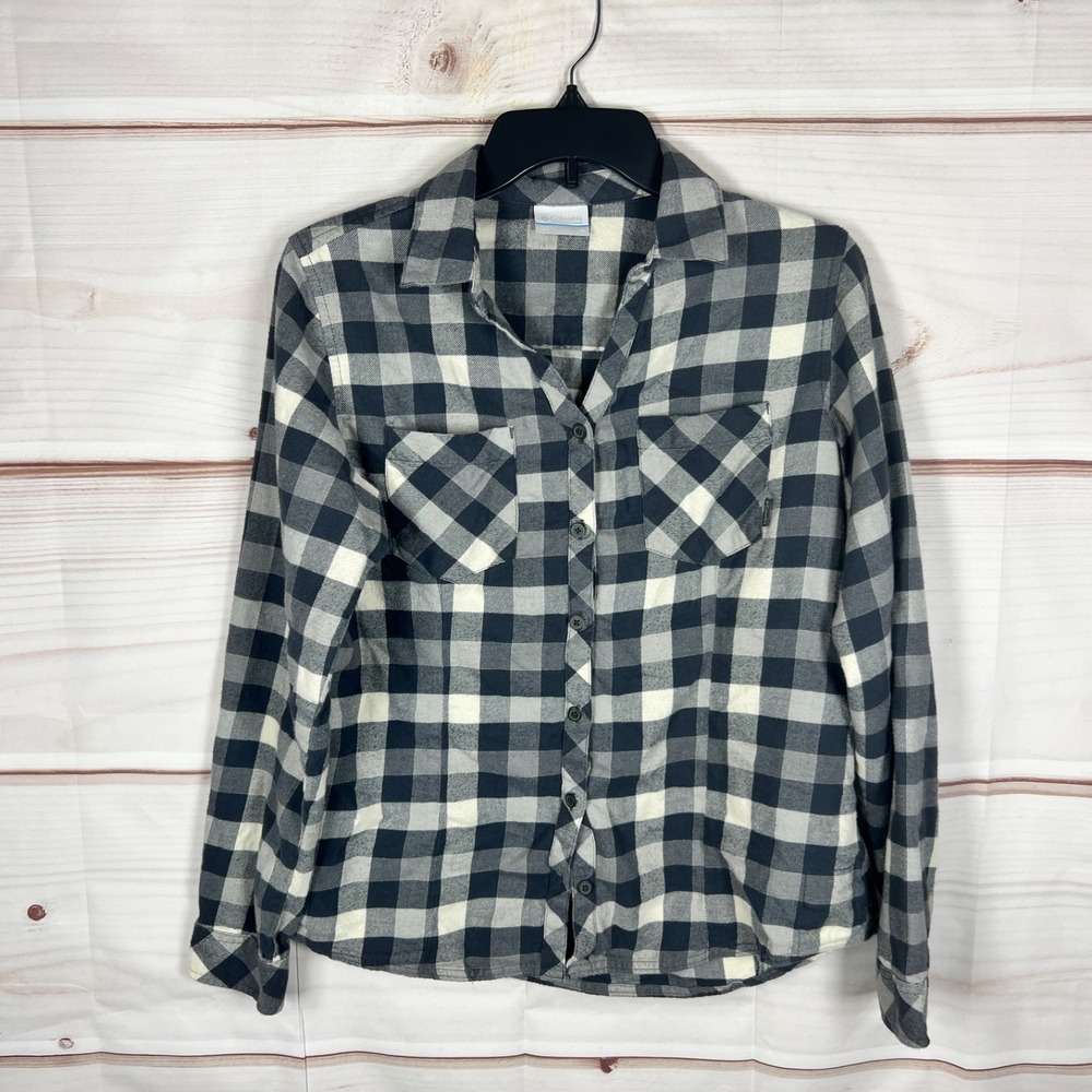 Columbia Top Womens Medium Blue Check Flannel Button Up Shirt Long Sleeve Cotton